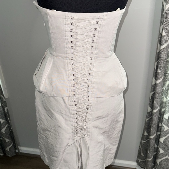 BCBG Strapless Lace Up Corset Peplum Mini Dress in Light Ash - Picture 8 of 13